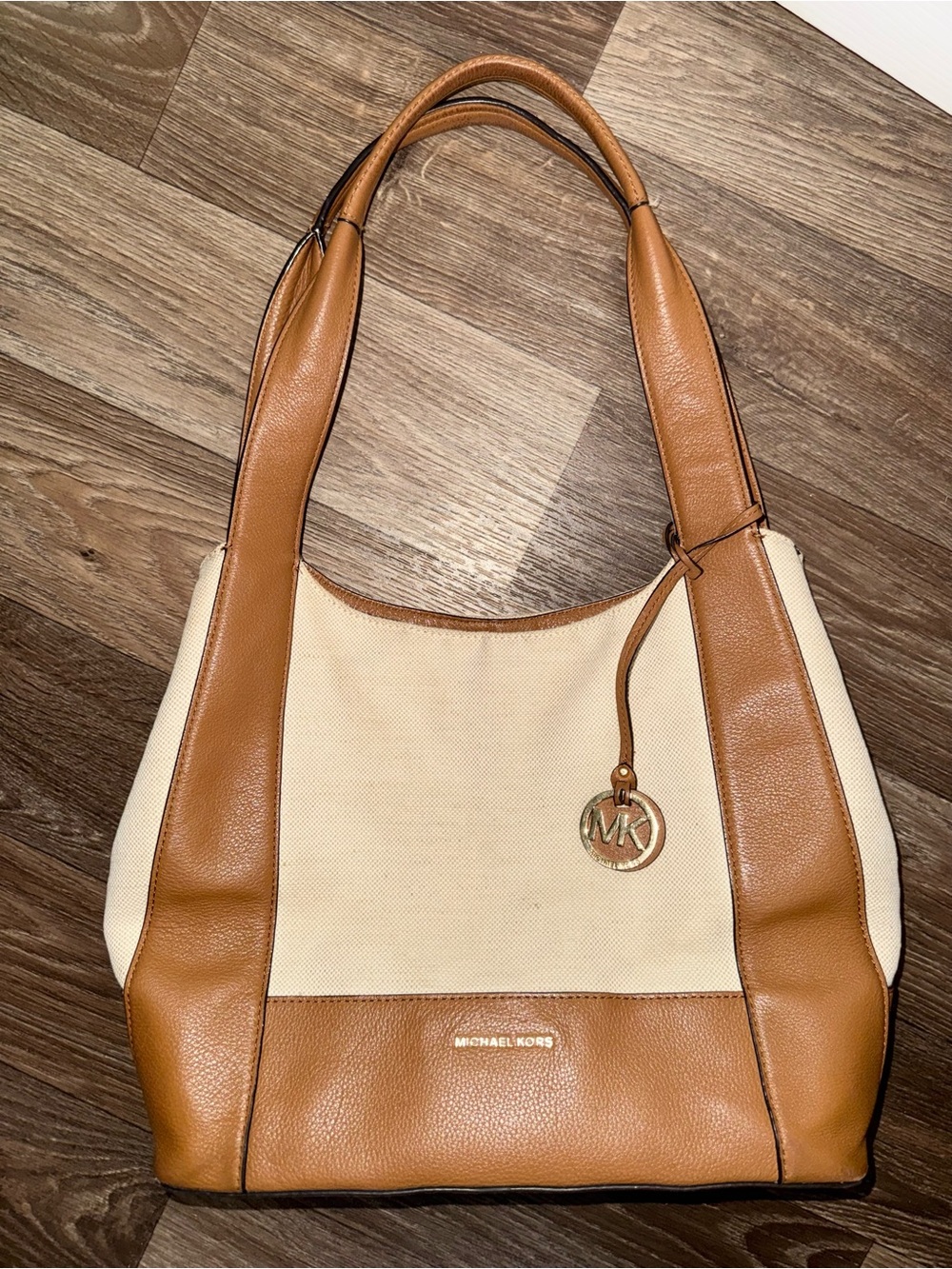 Cream and tan leather Michael Kors canvas shoulder bag